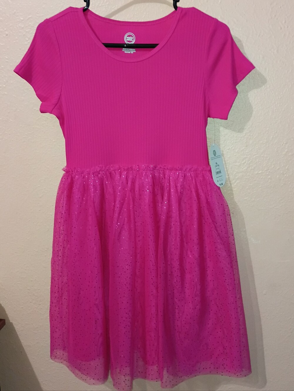 NWT Girls Size XL 14/16 wonder nation Hot Pink Glitter Tulle Dress